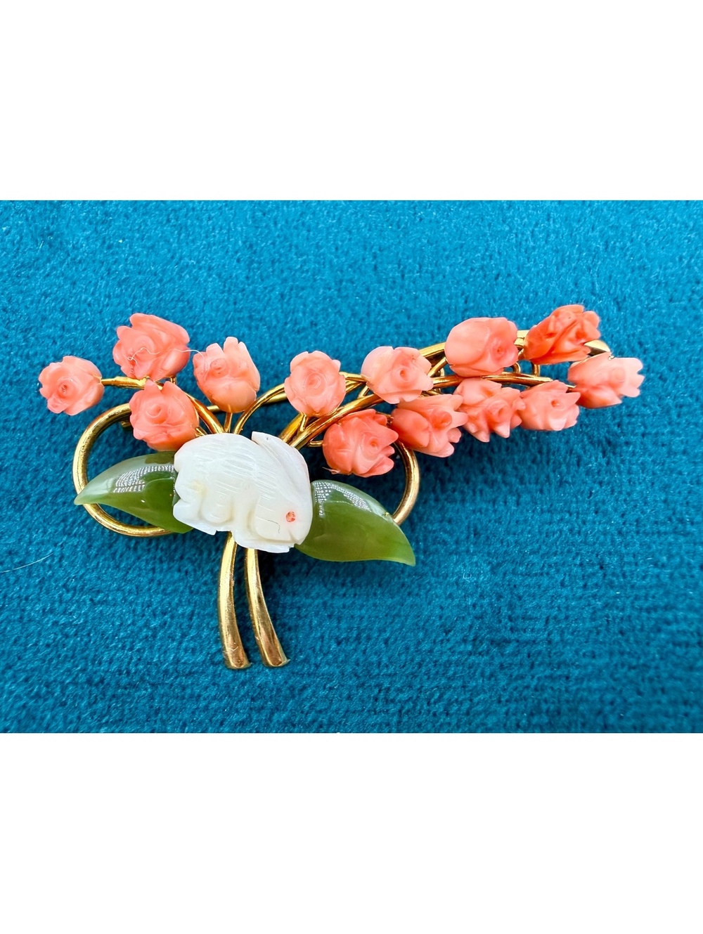 Vintage Angel Skin Coral White Coral & Jade Carved Floral Bouquet Brooch
